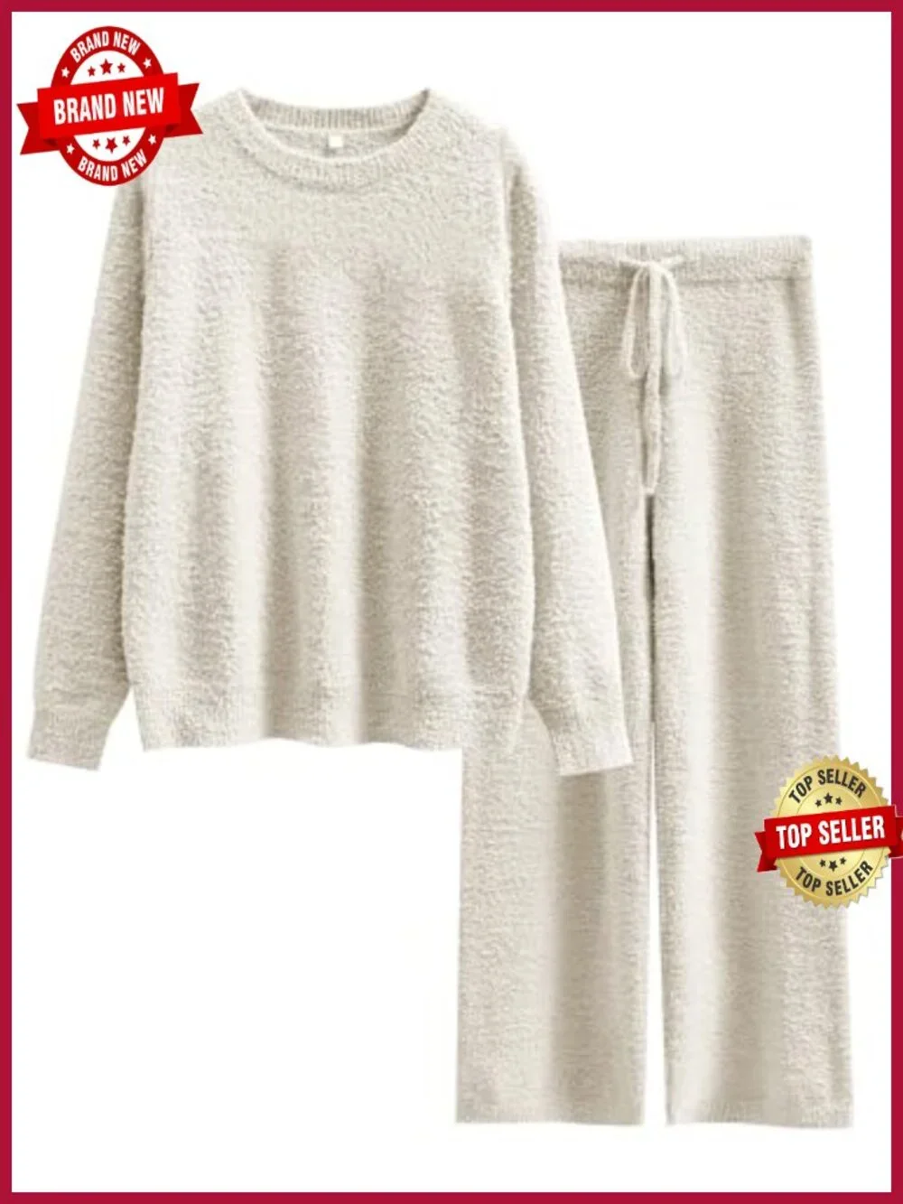 Fuzzy Fleece Lounge Set, 2 Piece Knit Sweater Top & Wide Leg Pajama Pants,